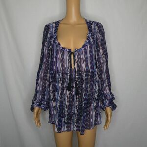 Yaya Aflalo Silk Embroidered Tassel Tie Open Neck Blouse Long Sleeve Watercolor